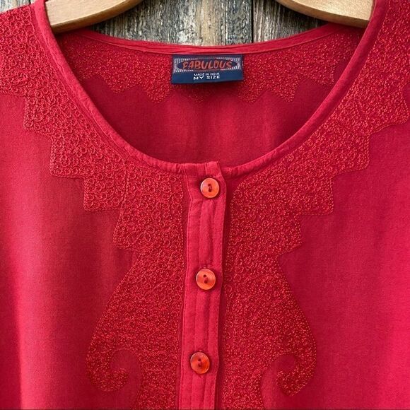 Fabulous Tomato Red Henley BOHO Relaxed Oversized Embroidered Long Sleeve Tunic - Picture 4 of 12